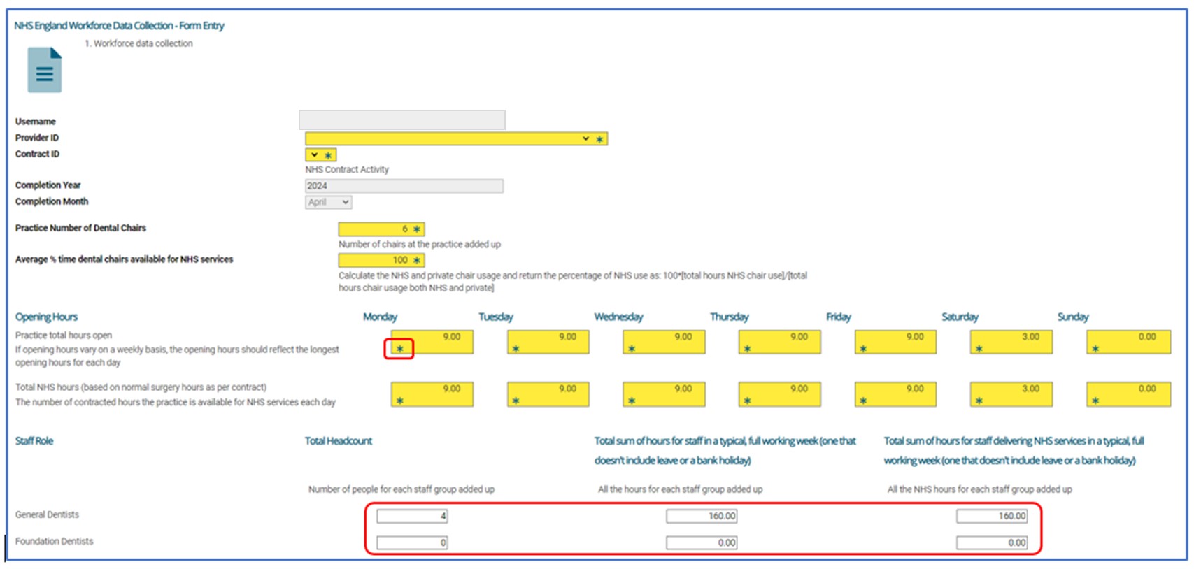 NHSE Workforce Data Collection - Form Entry screen highlighting example data entry